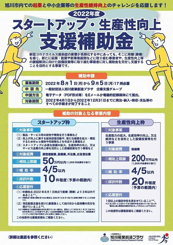 9月5日(月)17時必着 2022年度スタートアップ・生産性向上支援補助金(旭川市)| Domingo -ドミンゴ-