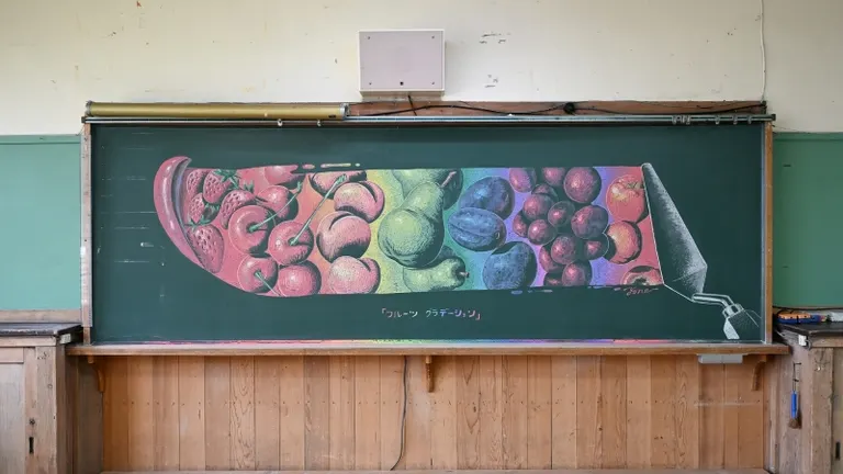 めっちゃ綺麗」と話題！旧小学校の黒板に描かれた“果物アート”が美し